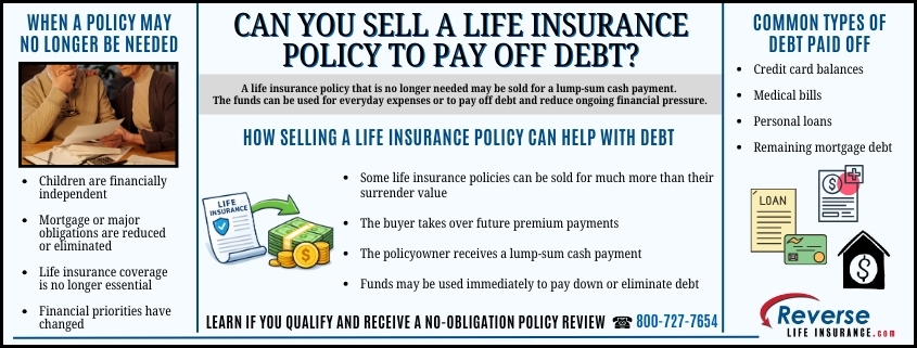 Infographic explaining can you sell a life insurance policy to pay off debt, showing how an unneeded life insurance policy may be sold for a lump-sum cash payment that can be used to reduce or eliminate outstanding debt.