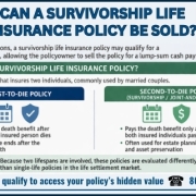 Infographic explaining can a survivorship life insurance policy be sold and the factors that determine whether the policy may qualify for a life settlement
