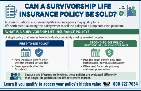 Infographic explaining can a survivorship life insurance policy be sold and the factors that determine whether the policy may qualify for a life settlement
