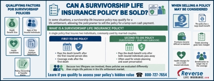 Can a Survivorship Life Insurance Policy Be Sold Infographic explaining can a survivorship life insurance policy be sold and the factors that determine whether the policy may qualify for a life settlement