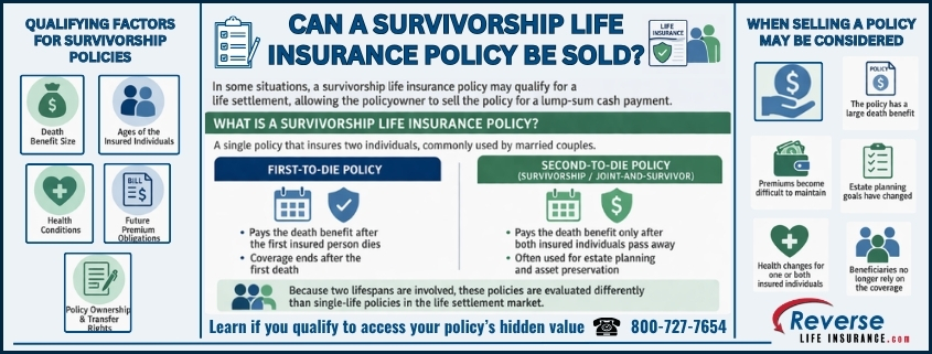 Infographic explaining can a survivorship life insurance policy be sold and the factors that determine whether the policy may qualify for a life settlement
