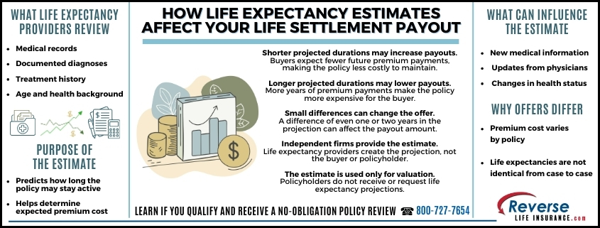 Infographic explaining how life expectancy estimates affect your life settlement payout, showing that shorter projected durations increase payouts, longer durations lower payouts, and independent firms create these estimates using medical information.