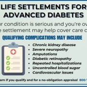 Infographic explaining life settlements for advanced diabetes, highlighting qualifying complications and common uses for settlement funds