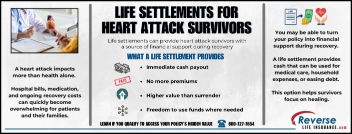 Life Settlements for Heart Attack Survivors Life settlements for heart attack survivors infographic showing how policies can be turned into cash, the benefits during recovery, and the financial impact for survivors.