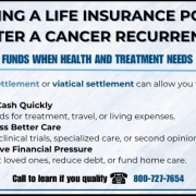 Selling a Life Insurance Policy After a Cancer Recurrence Infographic explaining how selling a life insurance policy after a cancer recurrence can help cover medical treatments, caregiving costs, and living expenses, with key eligibility criteria and required documents.