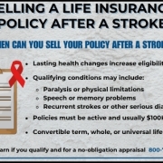 Infographic showing eligibility and benefits of selling a life insurance policy after a stroke, including stroke types, qualifying health changes, and common uses for settlement funds